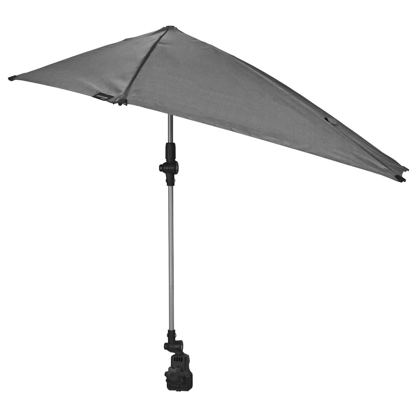 A gray beach umbrella is being held open in an outdoor setting