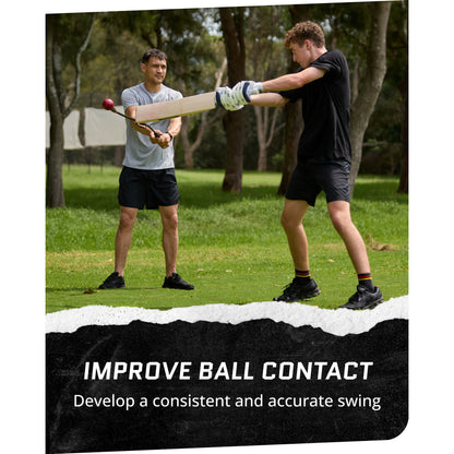 Action shot of man and boy using SKLZ Cricket Bat Trainer at a park with overlay text highlighting improve ball contact