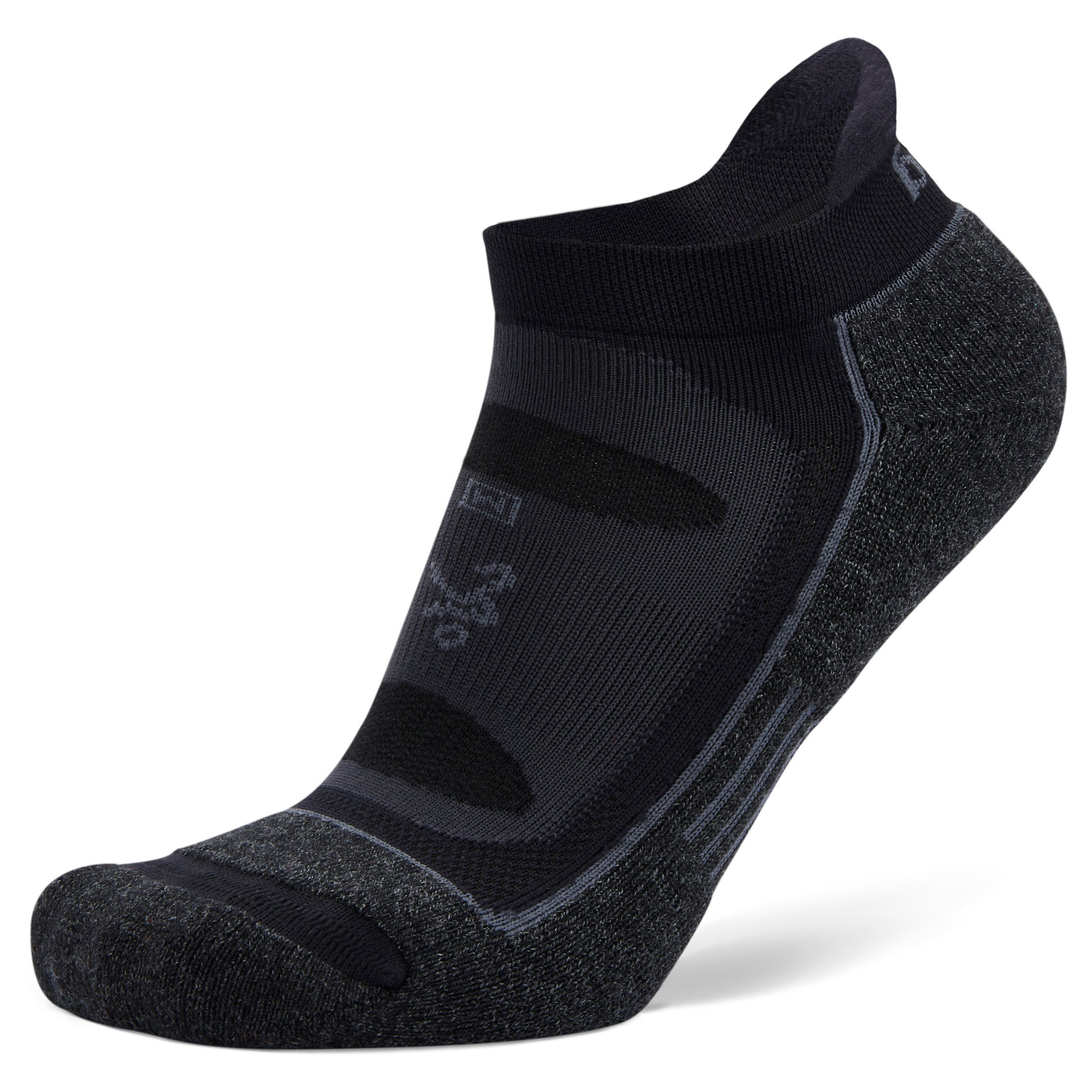 A black and gray athletic ankle sock designed for running or sports activities