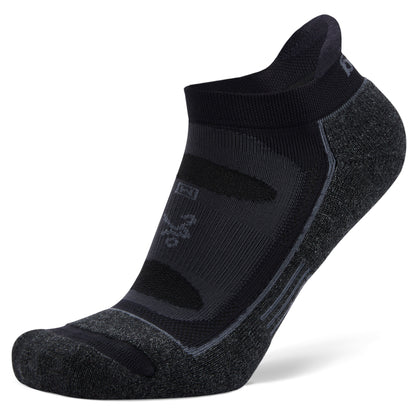 A black and gray athletic ankle sock designed for running or sports activities