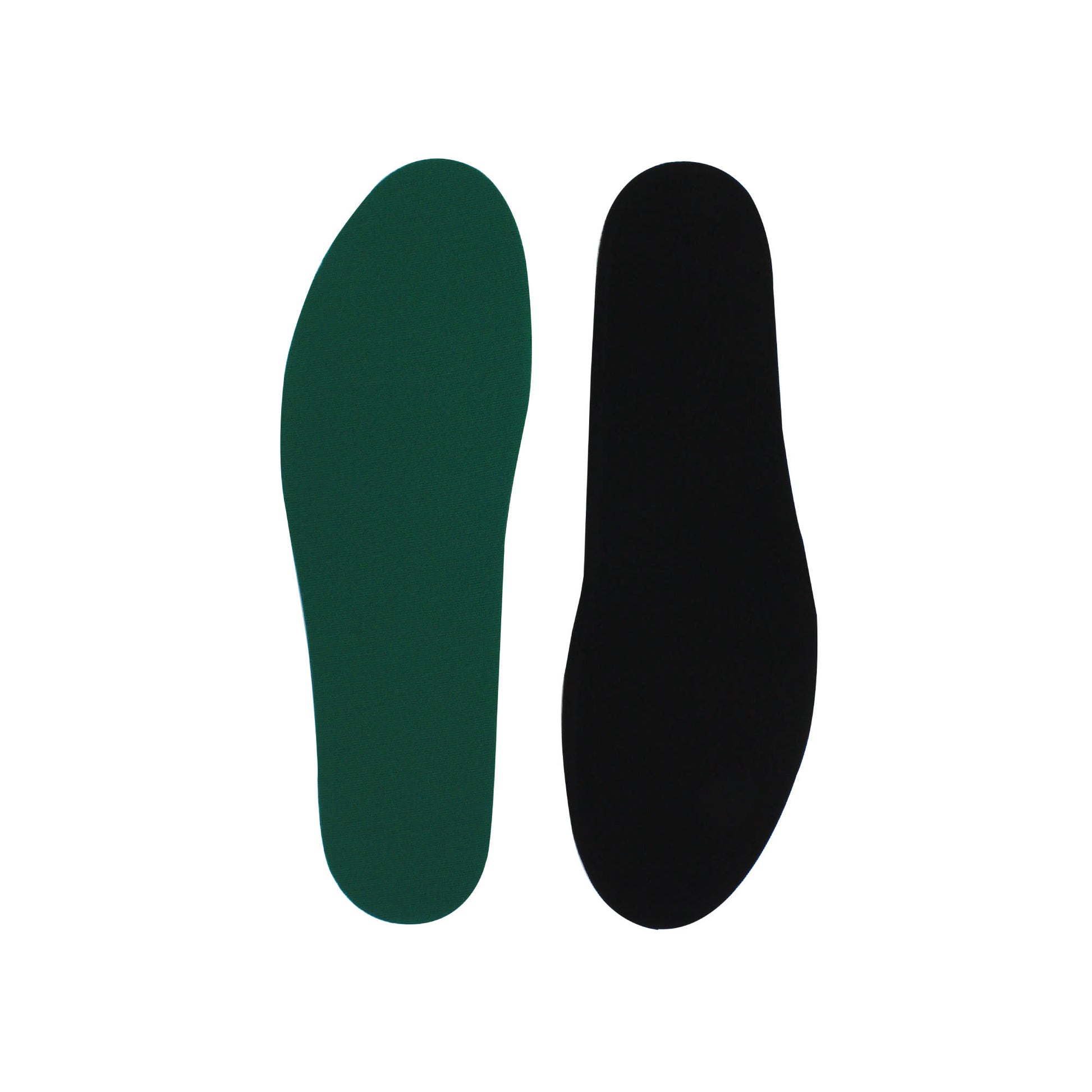 Two shoe insoles lie side by side on a white surface.