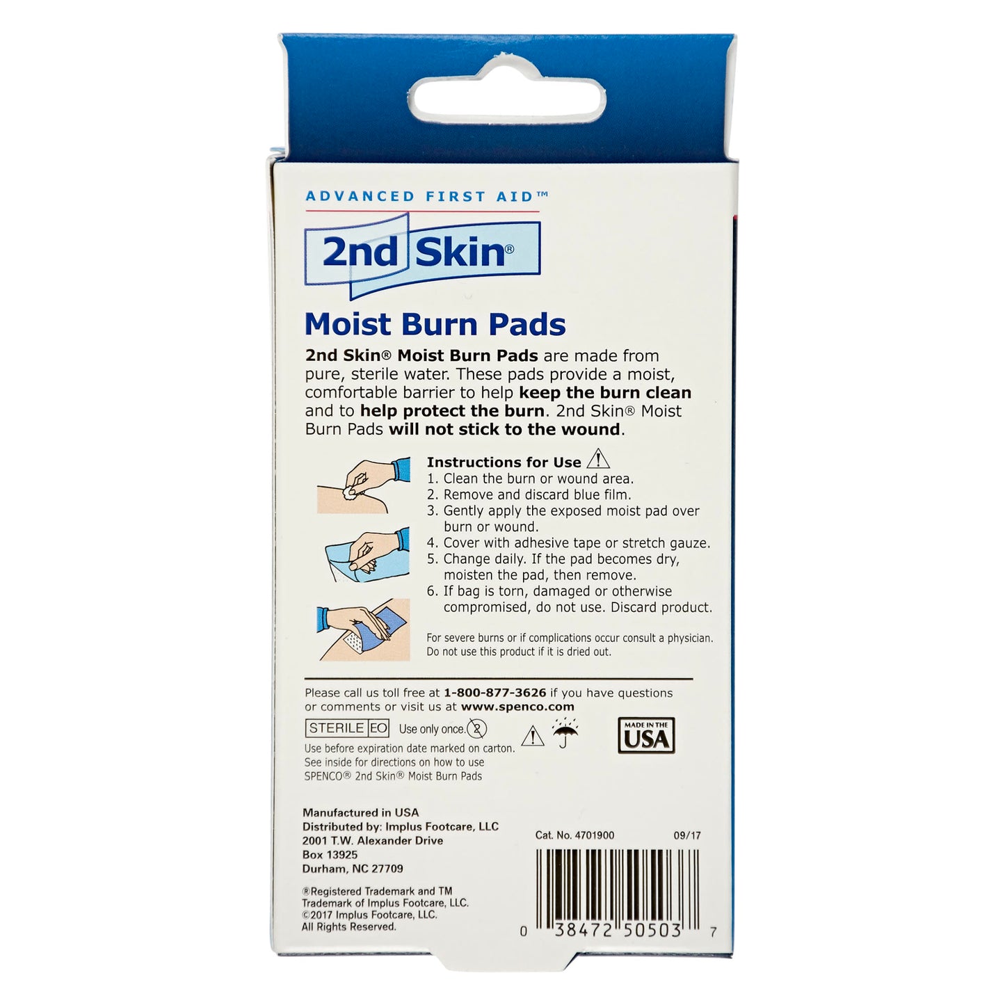 The label displays moist burn pads in a box, with instructions and branding, on a white background.