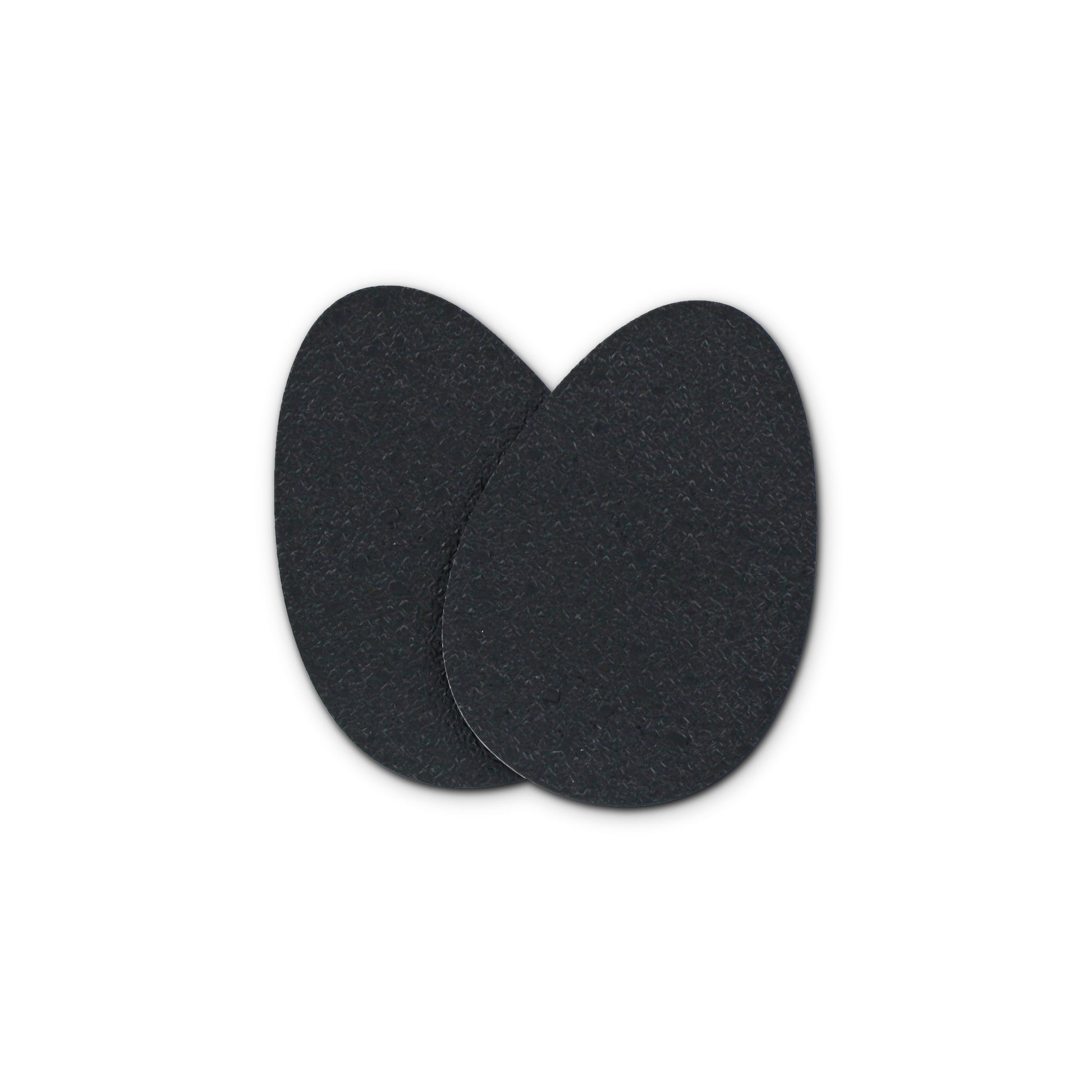 Two black adhesive pads stick together on a white background, likely for cushioning or grip.