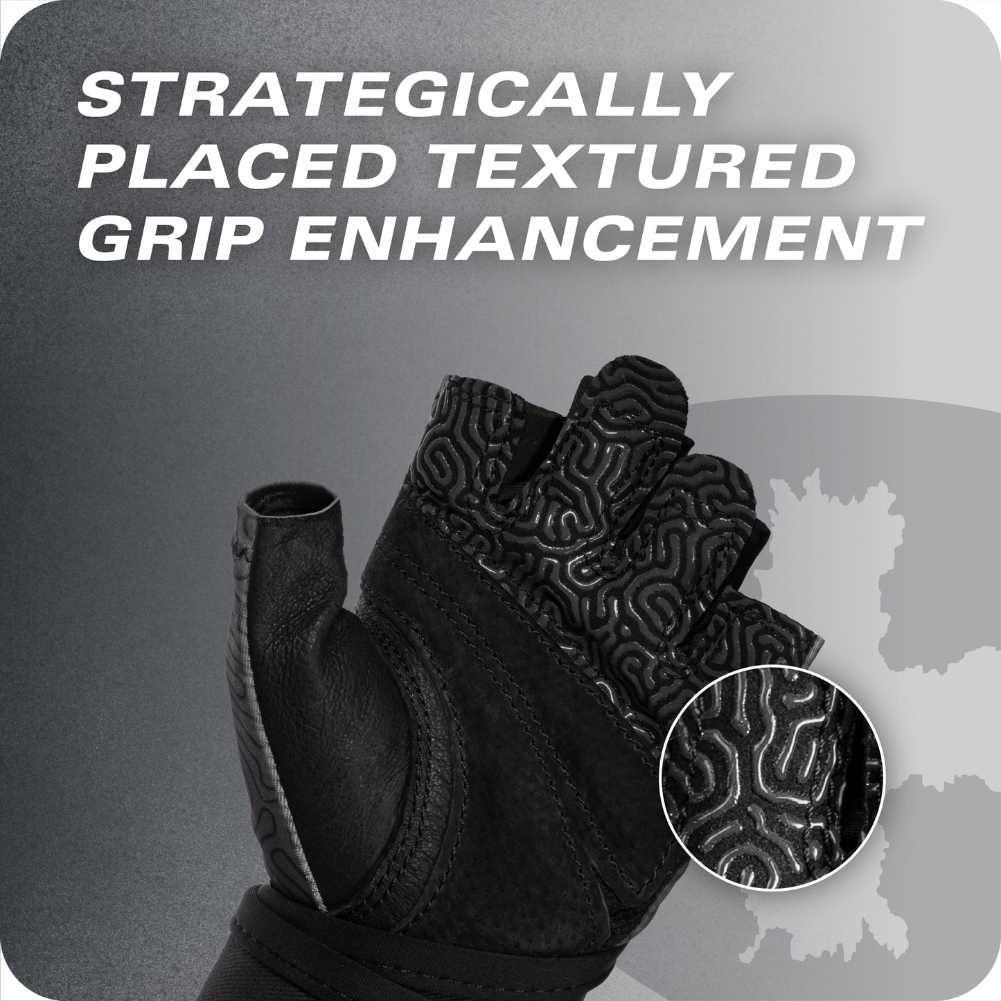 A gloved hand demonstrates textured grip enhancement on a sports glove in a promotional layout.