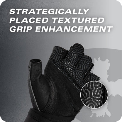 A gloved hand demonstrates textured grip enhancement on a sports glove in a promotional layout.