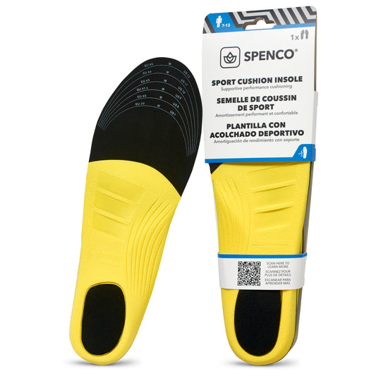 Insoles displayed with packaging for sports comfort in diverse languages, set on a plain background.