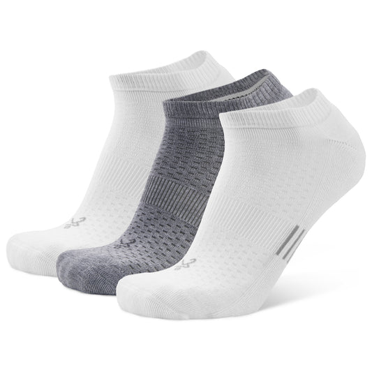 Three pairs of athletic ankle socks are displayed in a row on a white background.
