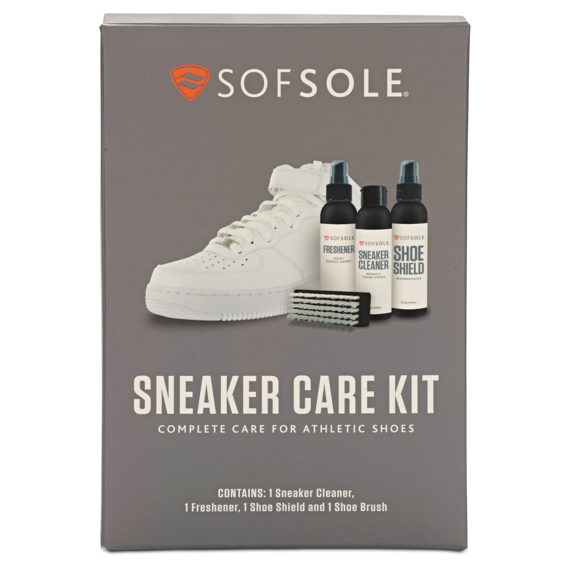 Sneaker care kit cleans and protects athletic shoes with spray bottles and brush.