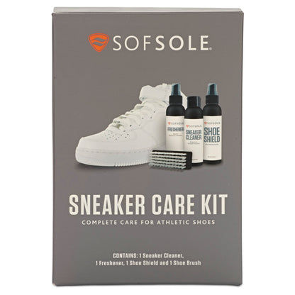 Sneaker care kit cleans and protects athletic shoes with spray bottles and brush.