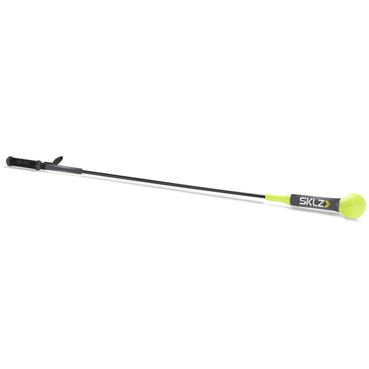 The golf club cable spans across the white background with a yellow grip and black shaft