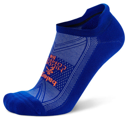 A blue sports sock displays perforated and printed patterns for ventilation and comfort
