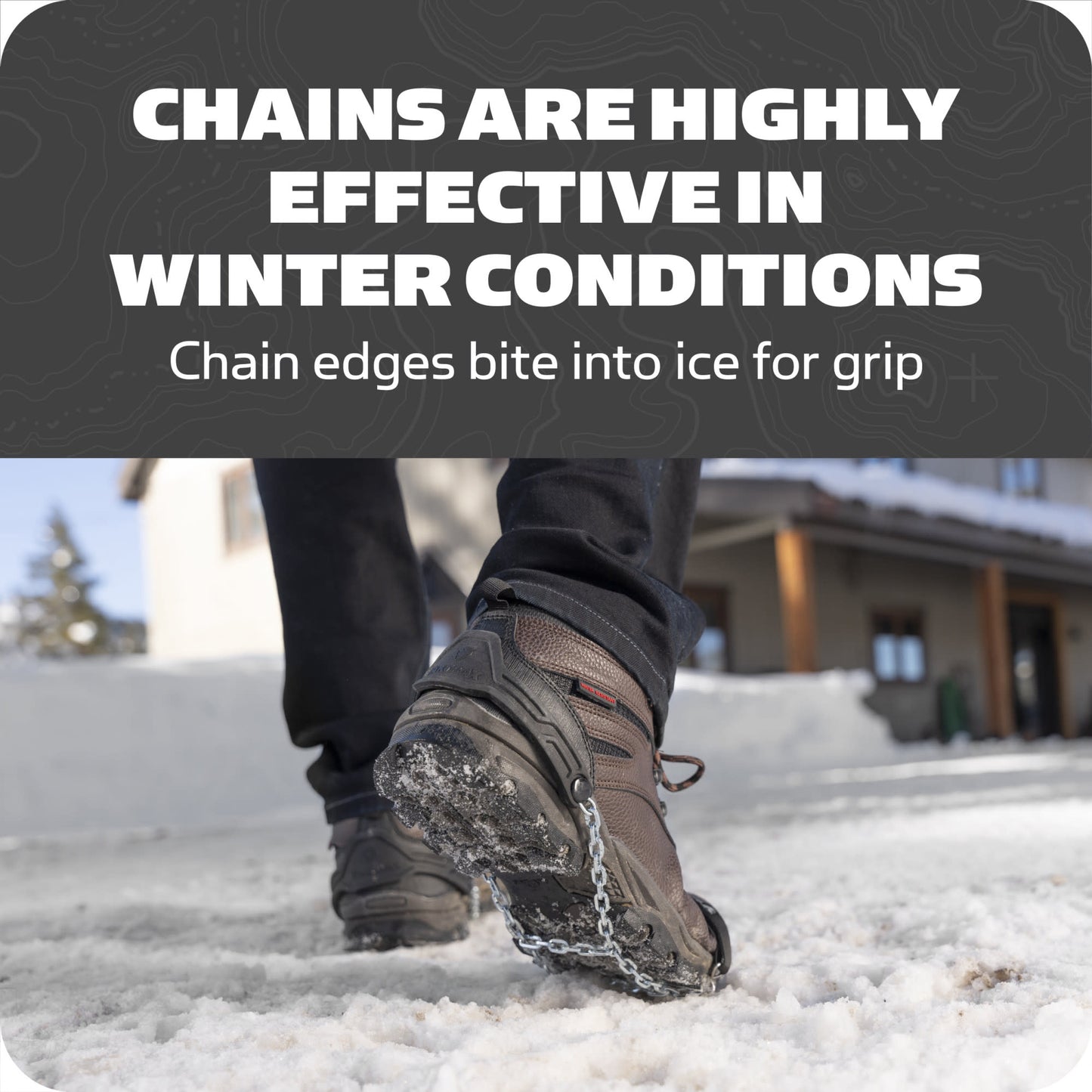 Chains bite into ice to provide grip on snowy ground