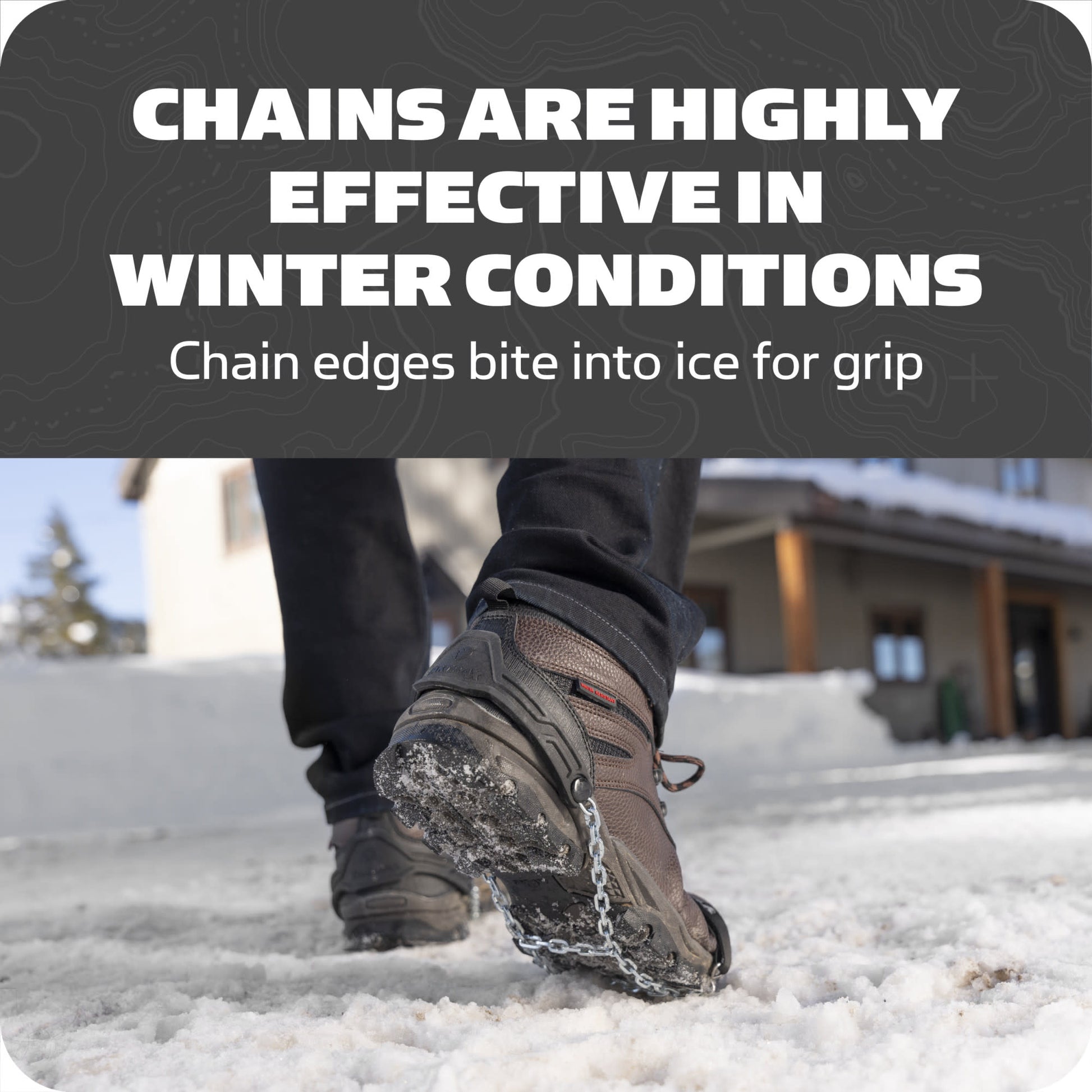 Chains bite into ice to provide grip on snowy ground