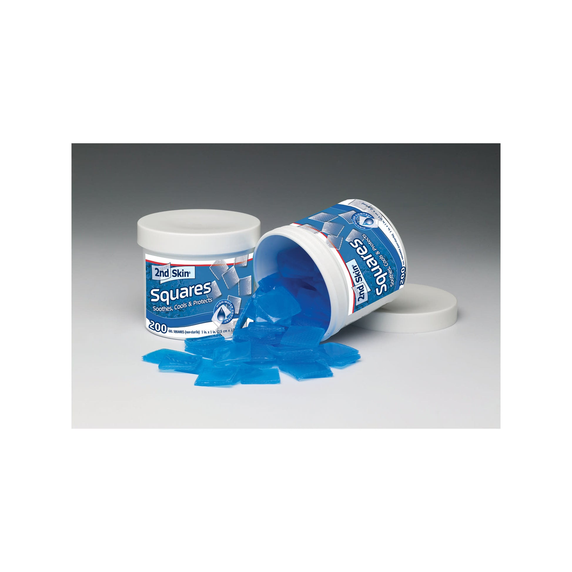 A container of 2nd Skin Squirts shows blue squares spilling onto a gray surface.