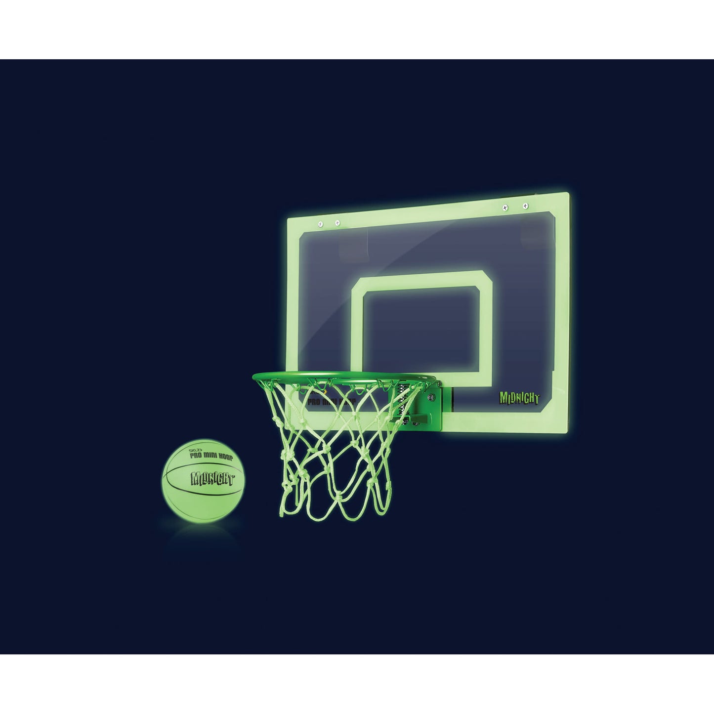 A glowing basketball and hoop illuminate a dark background ready for a game