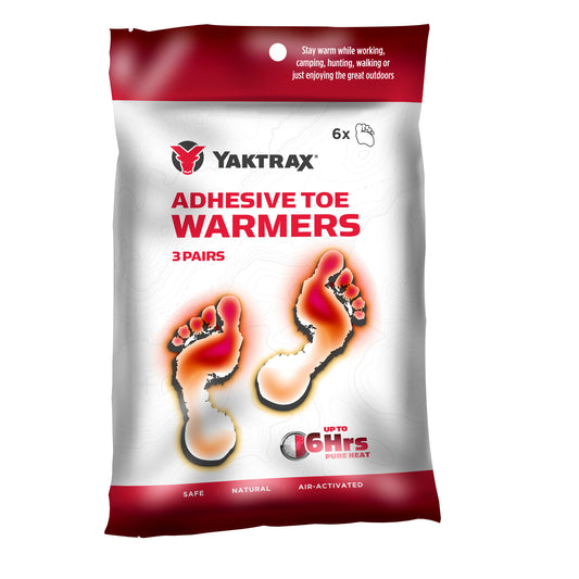 Adhesive toe warmers heat toes during cold outdoor activities like camping or hiking