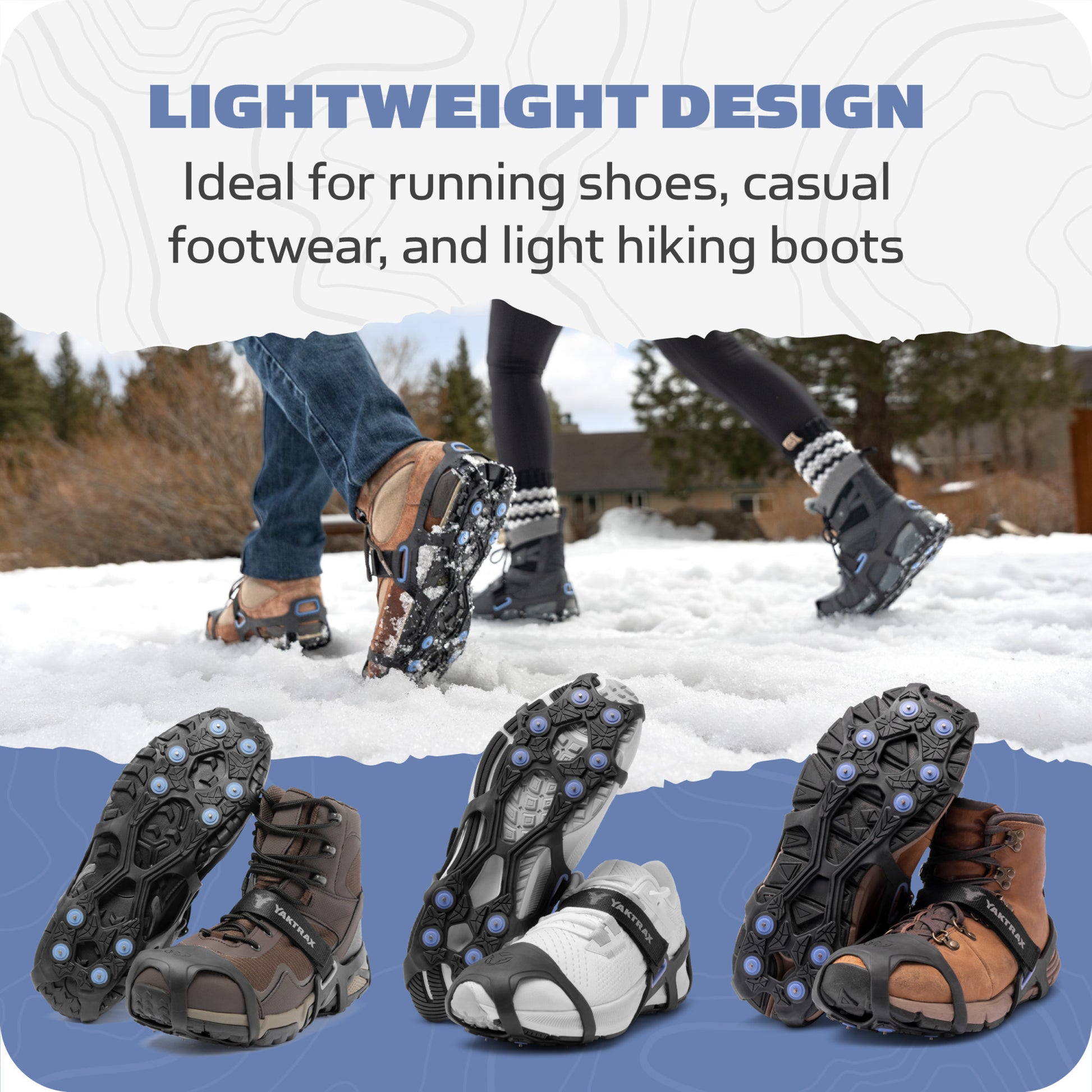 Shoes with traction cleats walk on snowy ground; ideal for running and hiking on ice.