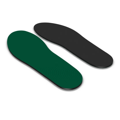 Two insoles are placed on a plain white surface, one black and one green.