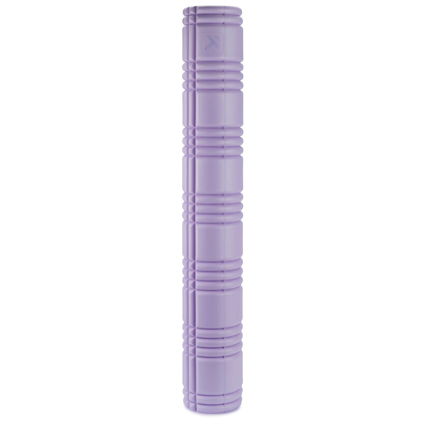 A purple cylinder with textured ridges standing upright against a white background.