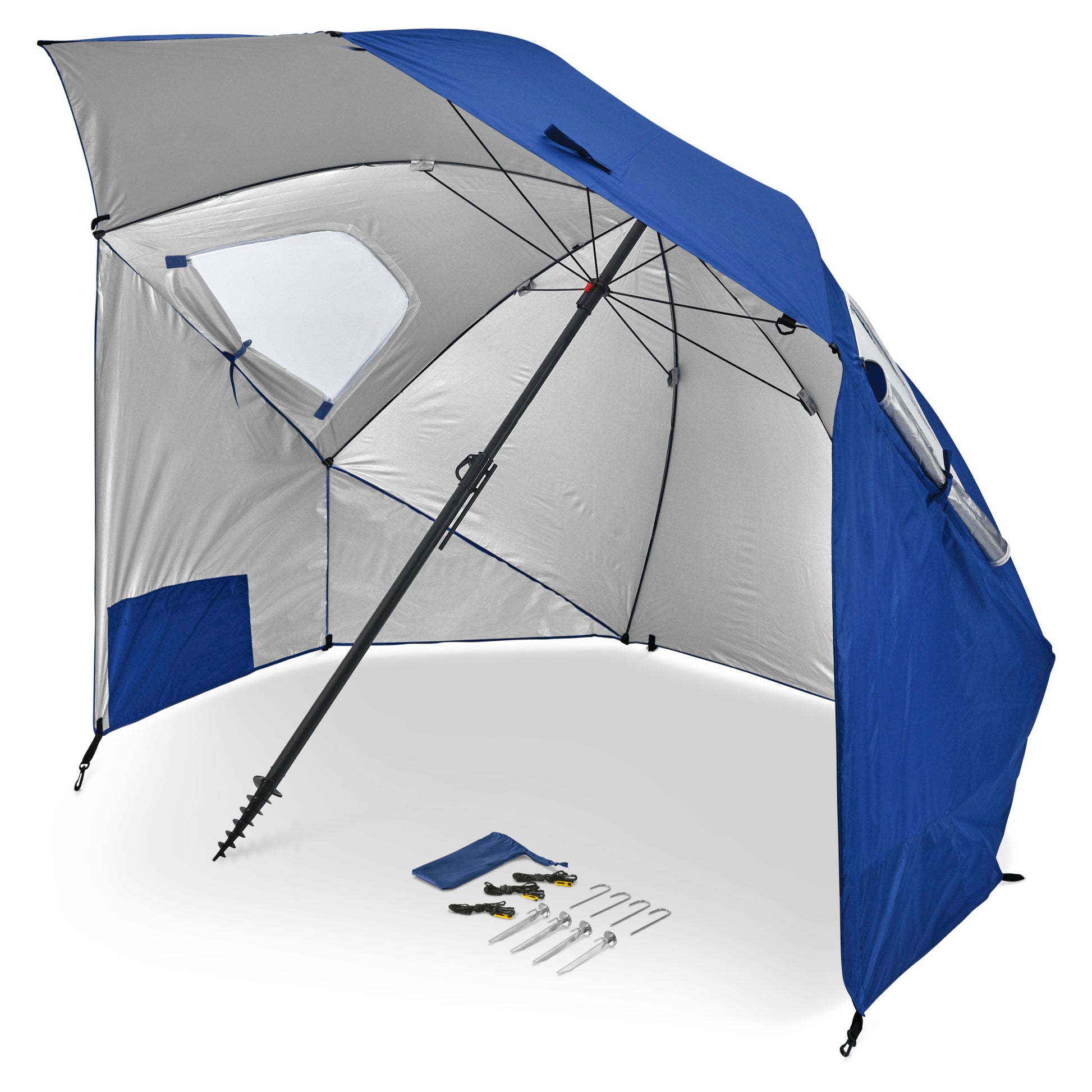 A blue and gray outdoor shelter is set up with tool kit and stakes on white background.