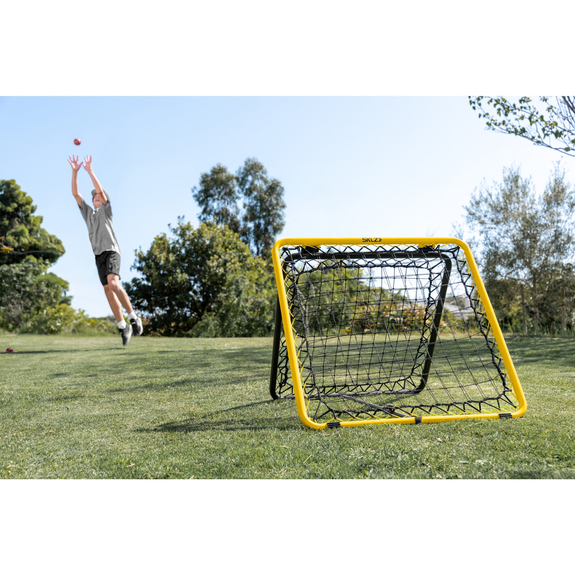 Child practices throwing a ball into the net outdoors on a grassy field.