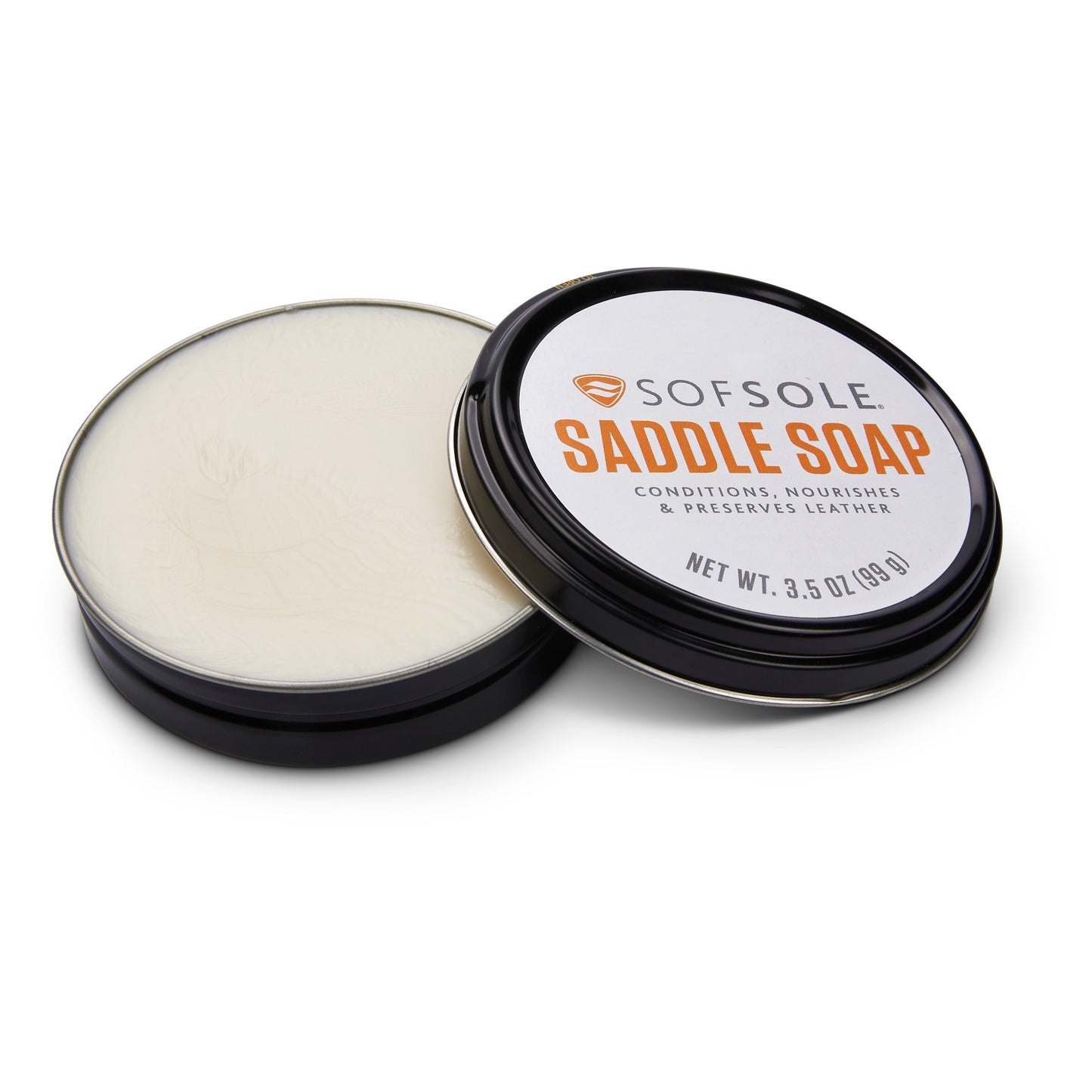 Saddle soap cleans and nourishes leather in a round container on a plain background