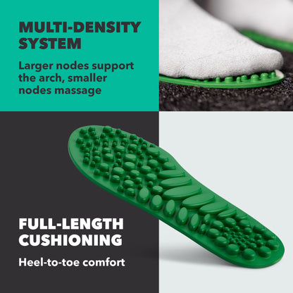 Green insoles support arch and provide heel-to-toe cushioning in footwear.