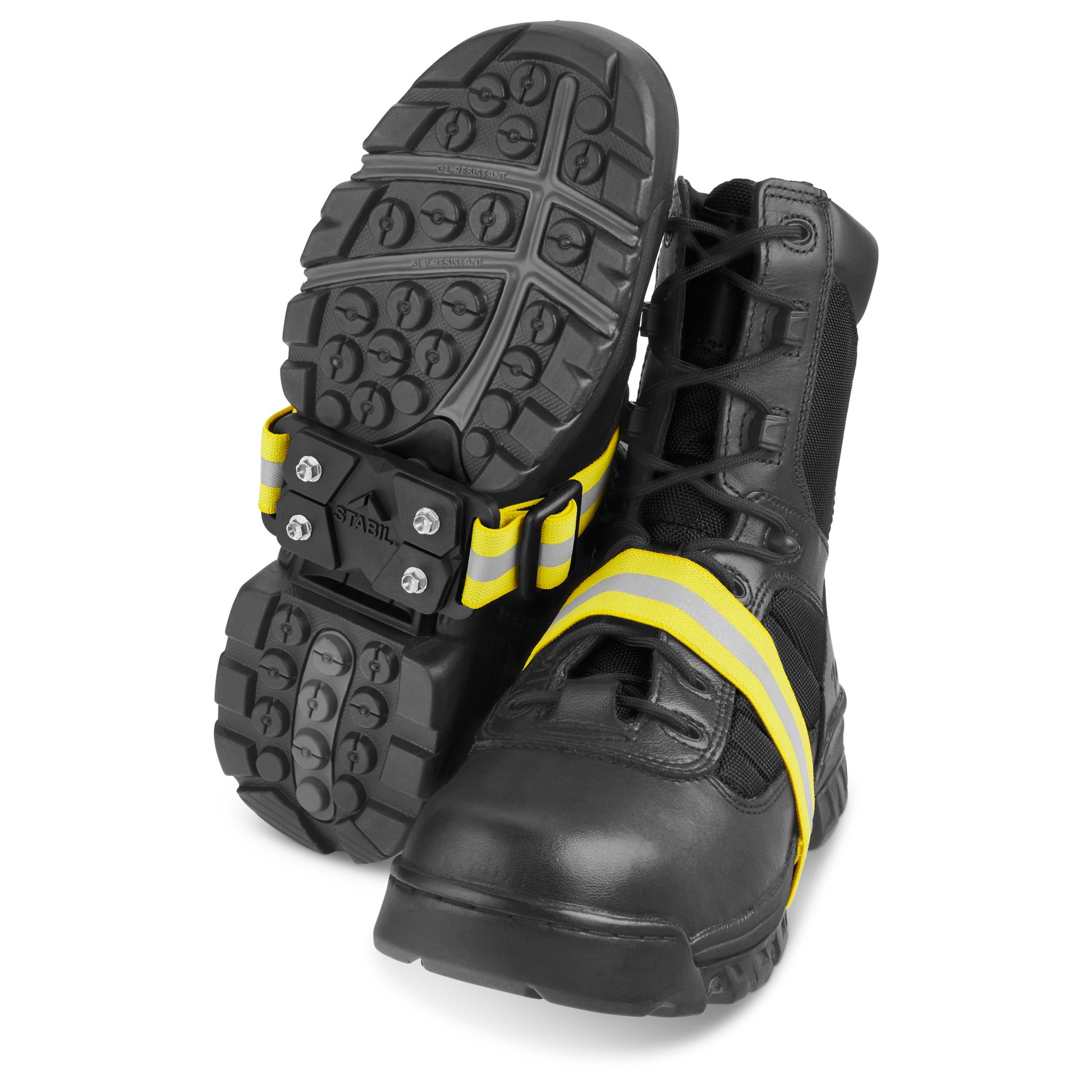 Steel-toe work boots secure feet in a safety environment.