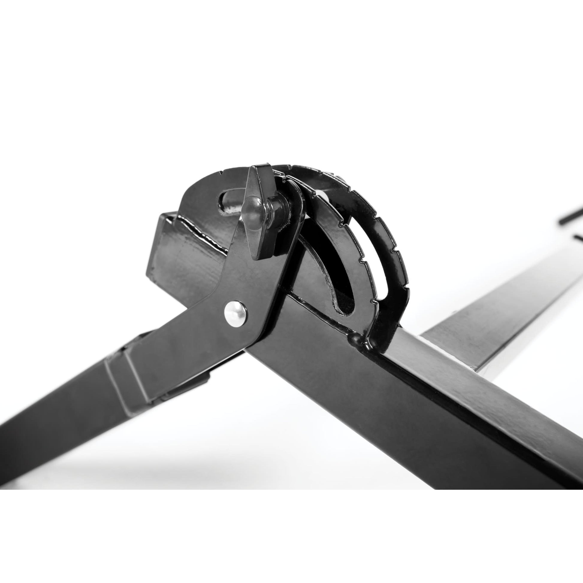 Adjustable metal stand supports a laptop or device on a plain white background