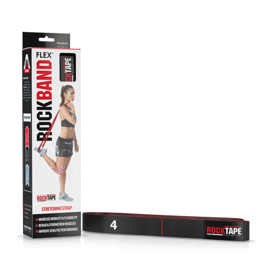The stretching strap is placed on a white surface beside its packaging, used for flexibility exercises.