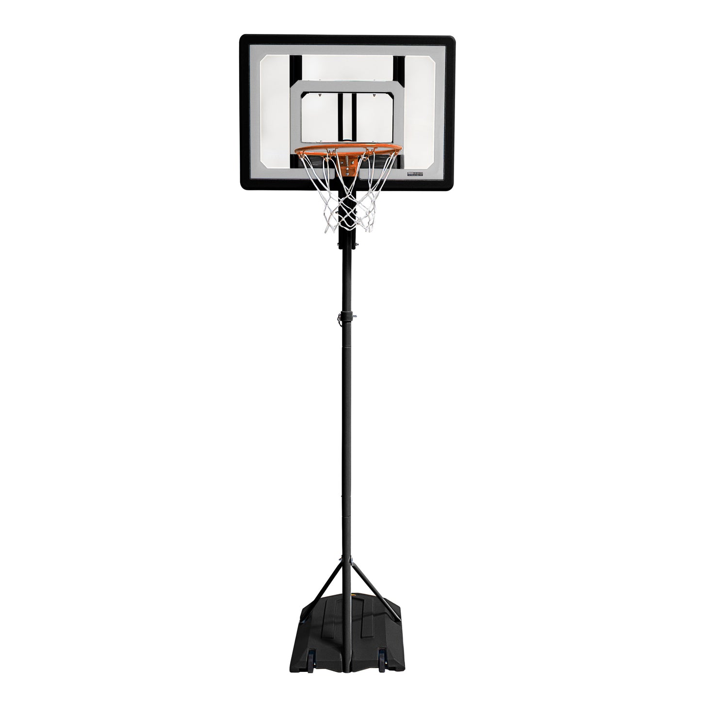 The basketball hoop is mounted on a stand for indoor use in a gymnasium