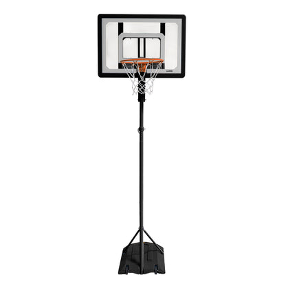 The basketball hoop is mounted on a stand for indoor use in a gymnasium