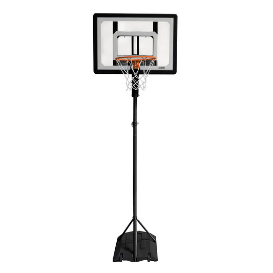 The basketball hoop is mounted on a stand for indoor use in a gymnasium