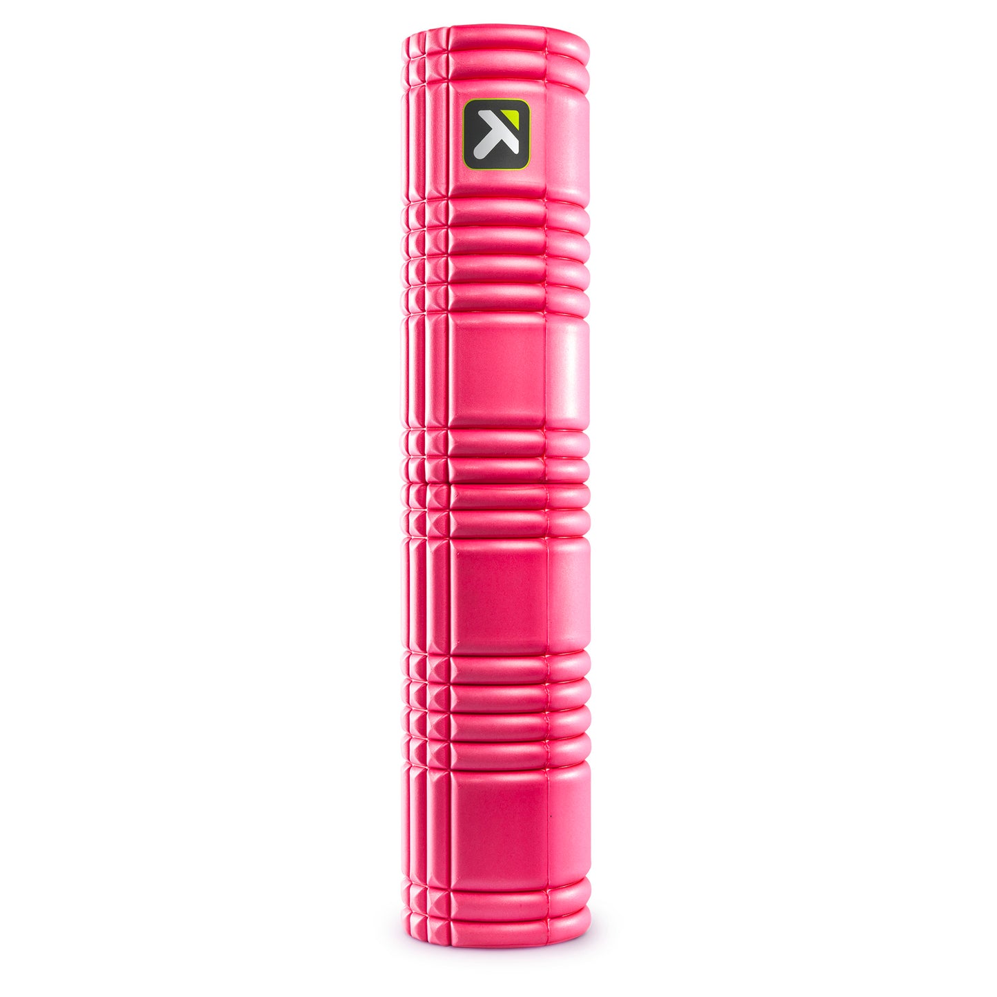 A pink foam roller rests vertically on a white background for exercise or therapy use.