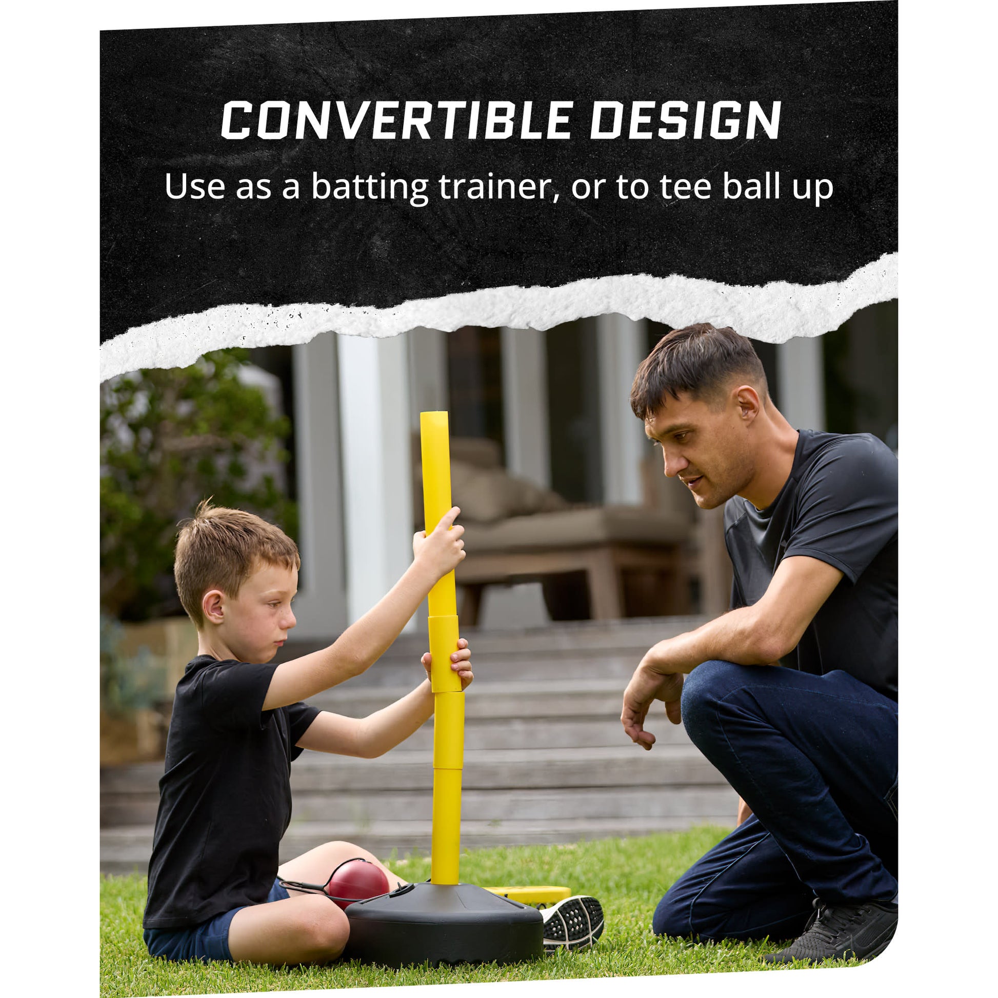 Image showing a boy and man setting up SKLZ Cricket Bat-a-Way Jr. swing trainer in a year with overlay text highlighting convertible design