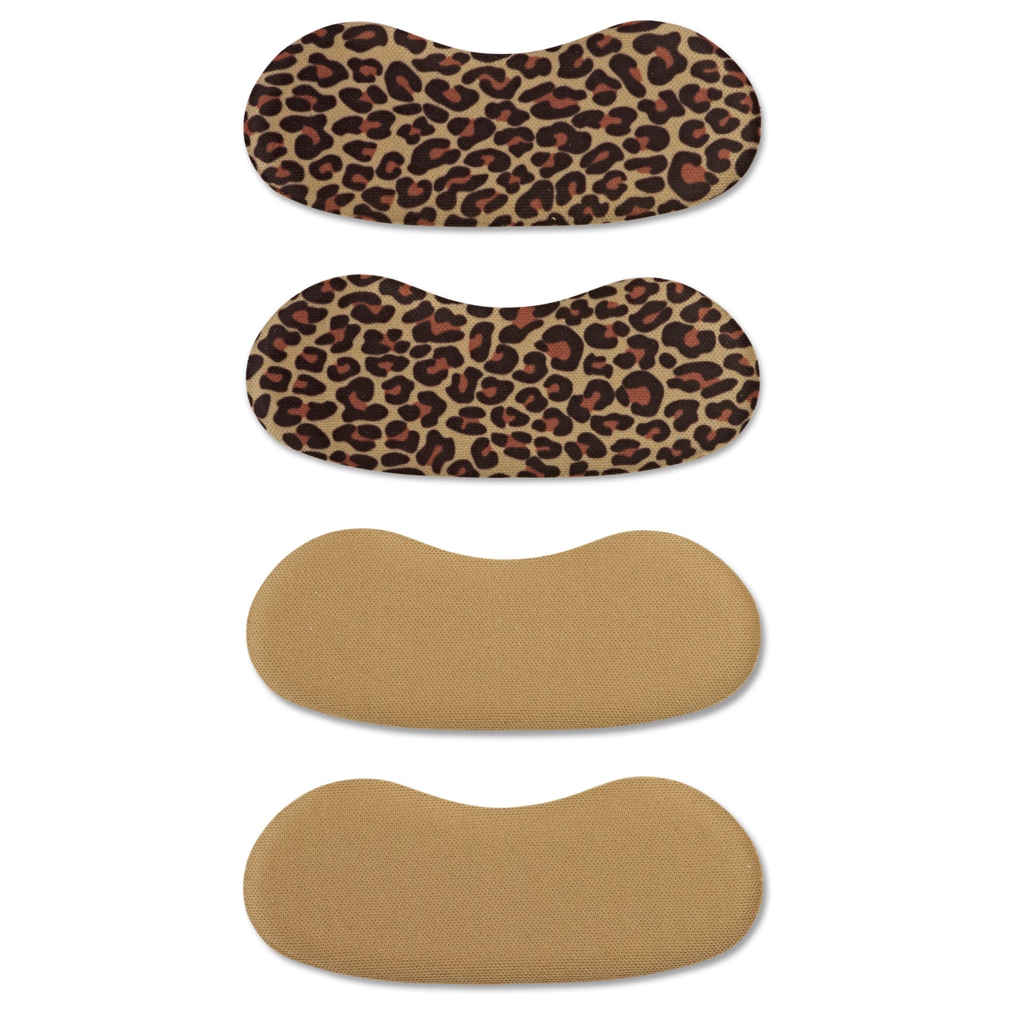 Leopard print insoles are stacked on a white background.