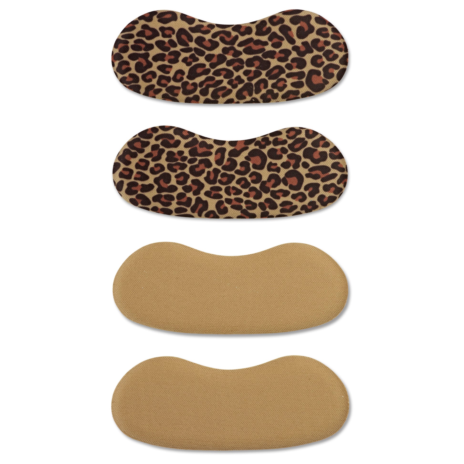 Leopard print insoles are stacked on a white background.