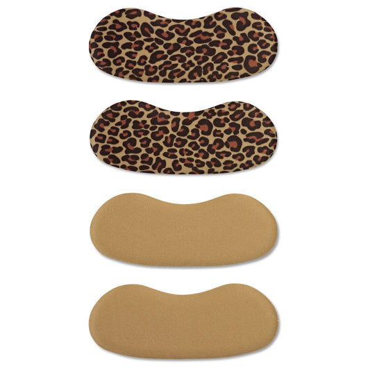 Leopard print insoles are stacked on a white background.
