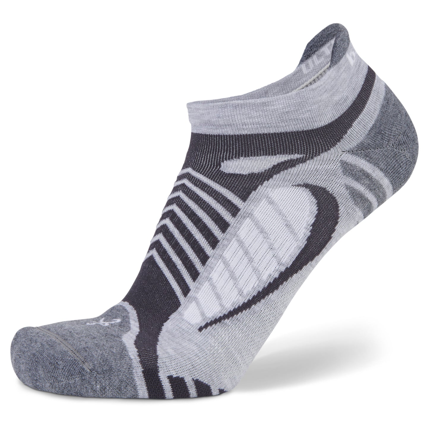 A running sock displays a design with stripes and wave patterns on a white and gray background