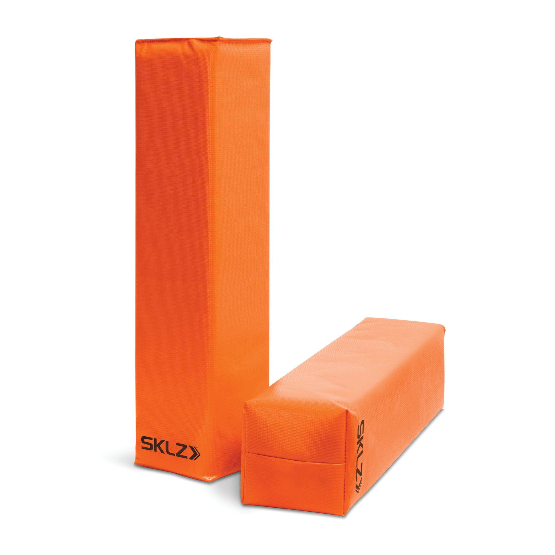 Two orange foam rollers rest on a plain white background for exercise or physical therapy