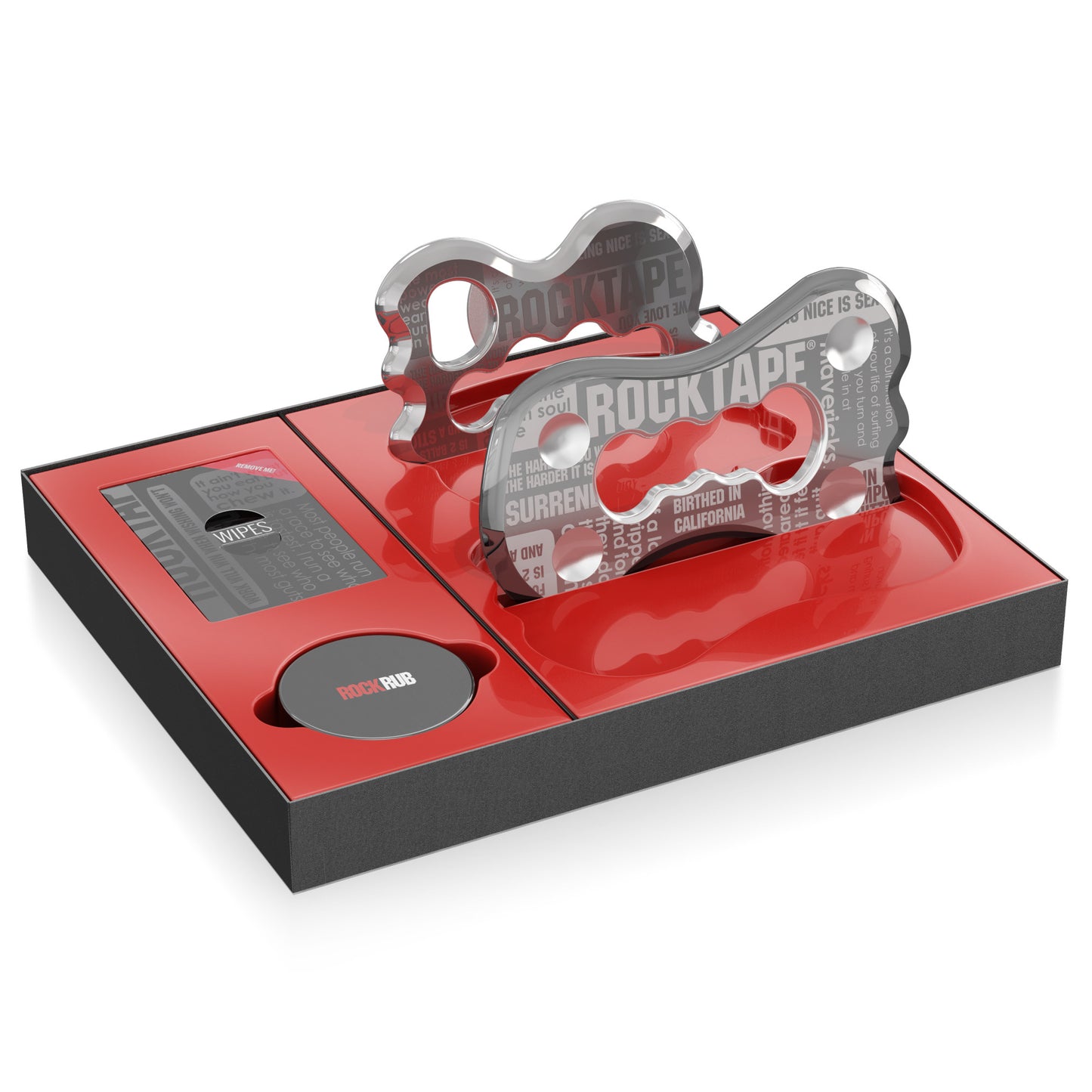 RockTape bandages stick to skin in a travel kit with wipes and a dispenser in a red and black box