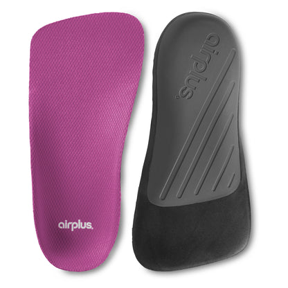 Orthopedic insoles support feet inside footwear in a retail display setting.