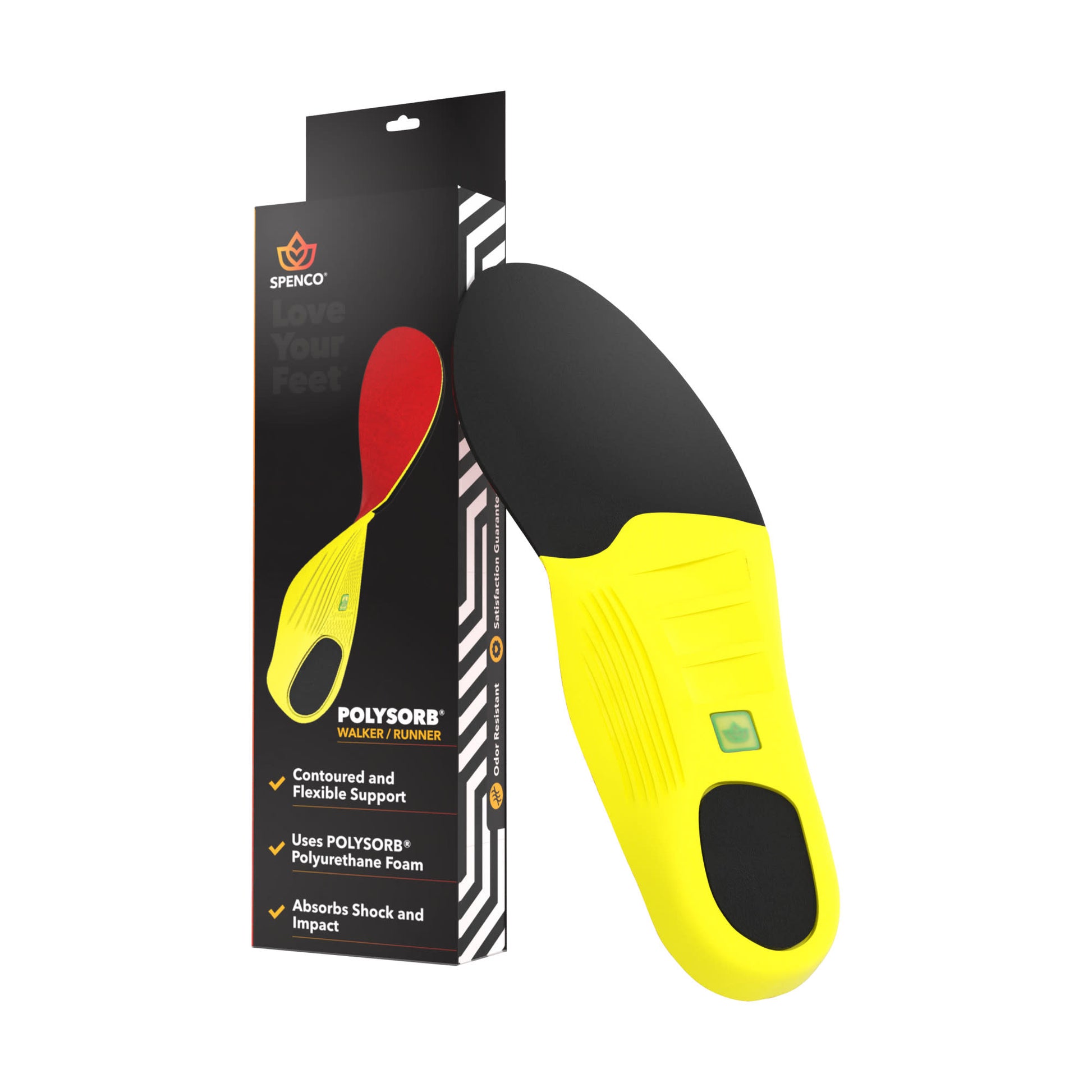 A yellow and black shoe insole absorbs shock inside its packaging box for foot comfort.