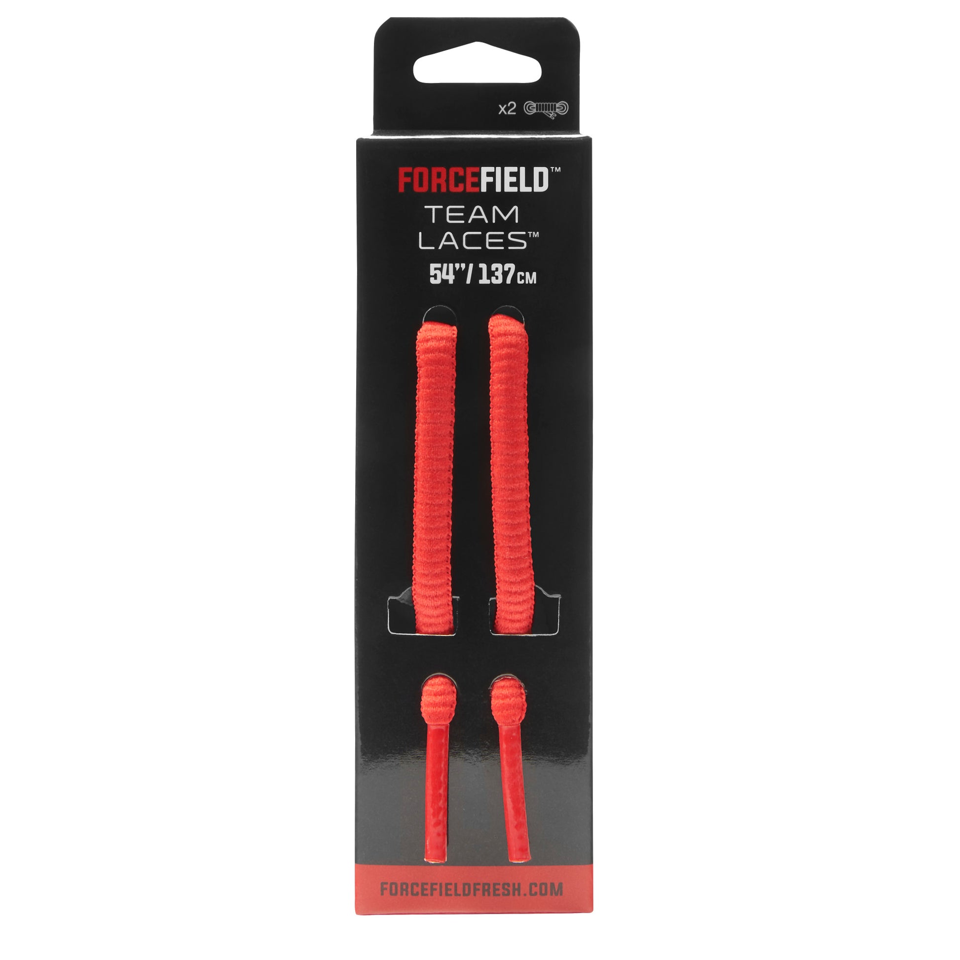 Laces are packaged for sports shoes inside a black box with red accents and branding.