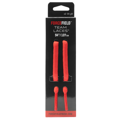 Laces are packaged for sports shoes inside a black box with red accents and branding.