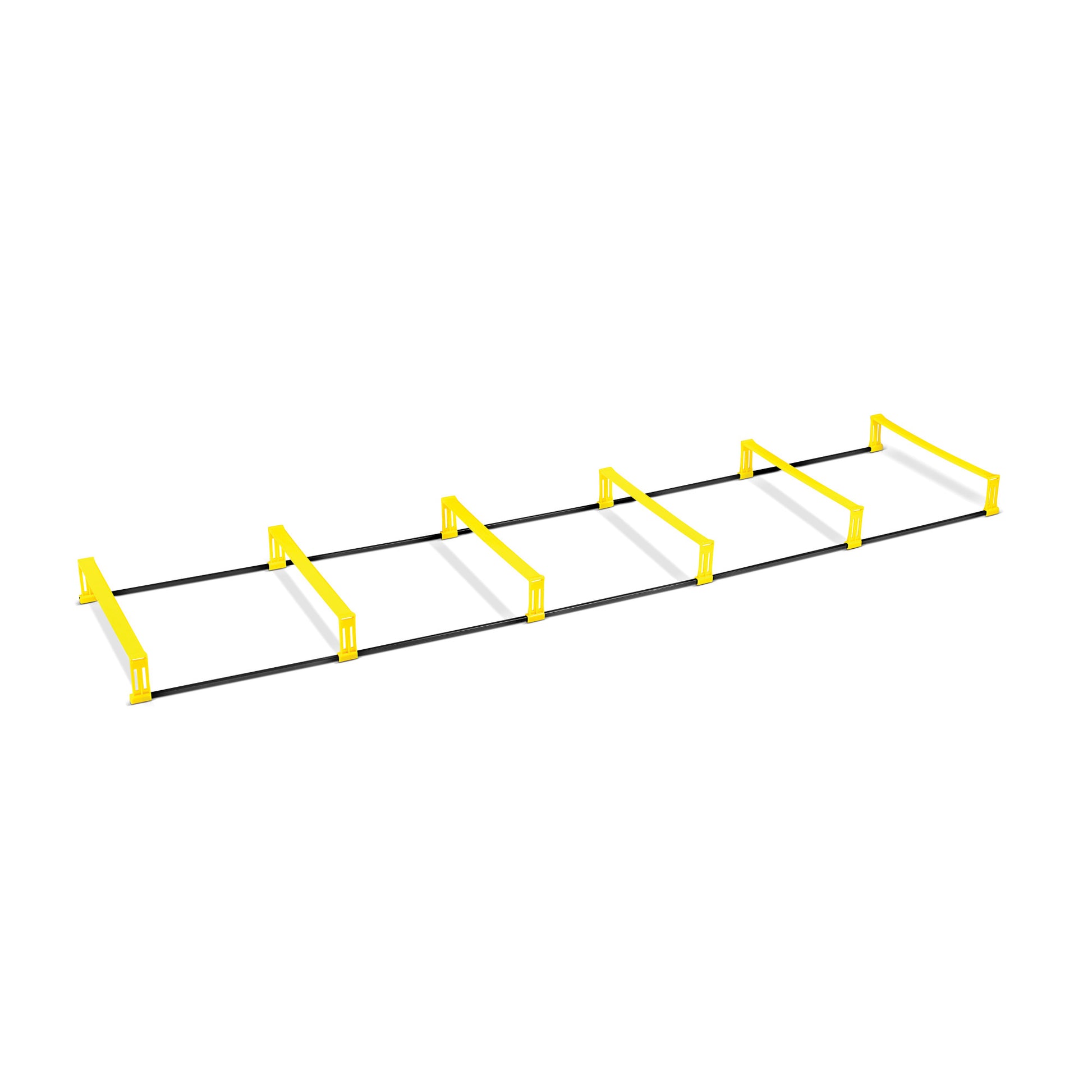 A hurdle race obstacle is set up on a white background for training or competition
