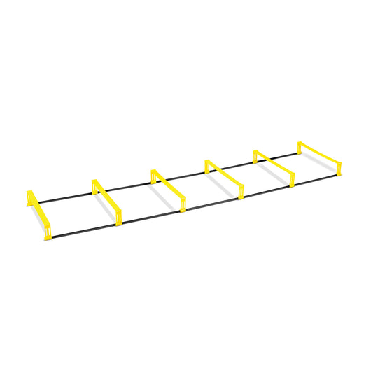 A hurdle race obstacle is set up on a white background for training or competition
