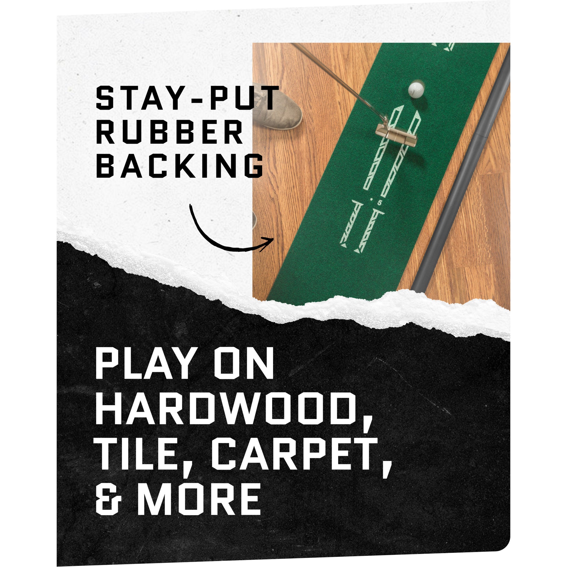 Golf club and ball on indoor mat with backing suitable for hardwood and tile floors