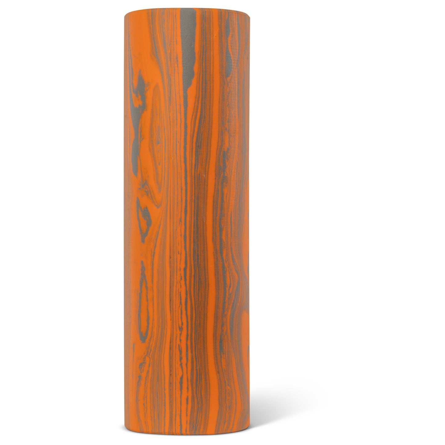 A tall wooden cylinder with orange and gray marbled pattern on a white background.