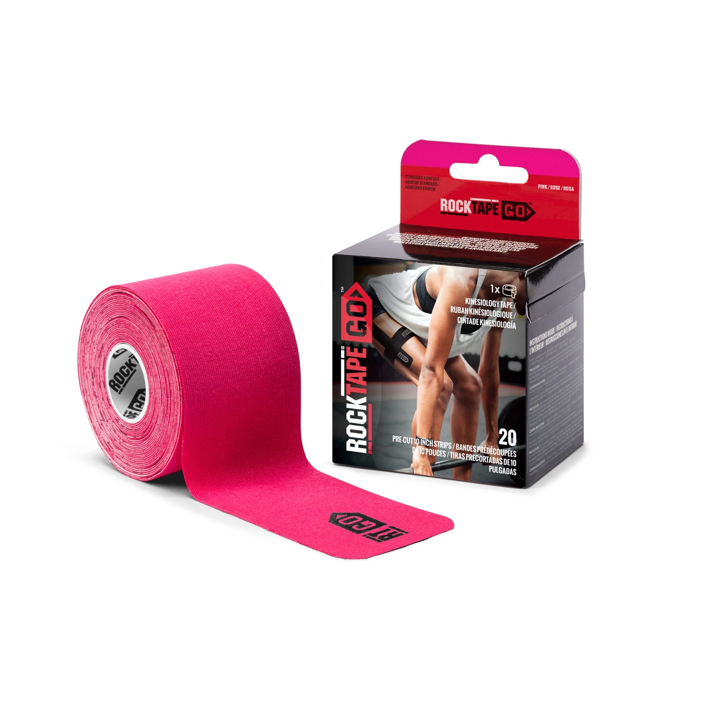 A pink athletic tape unrolls beside a box of RockTape GO for sports therapy use
